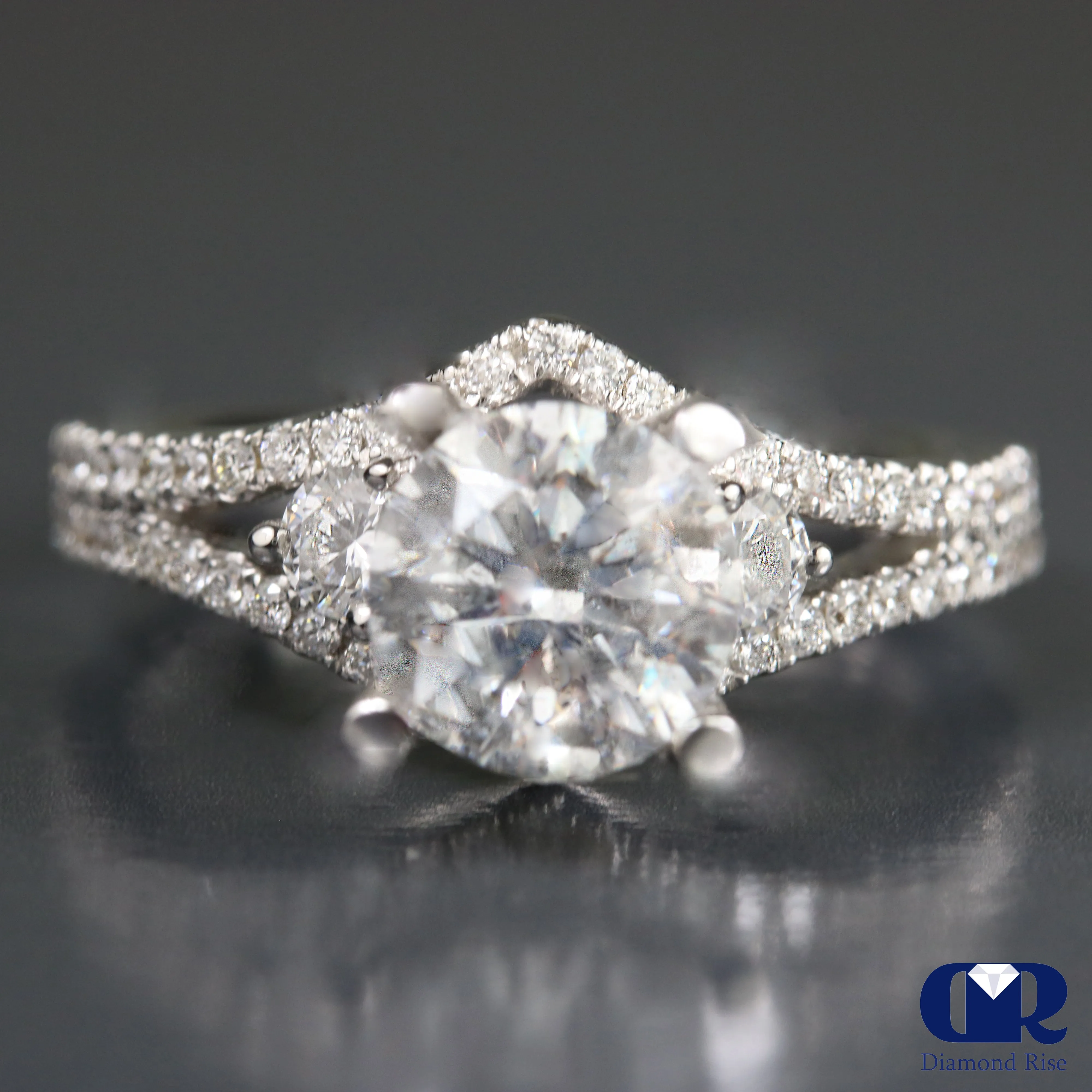 1.79 Ct Round Cut Diamond Split Shank Engagement Ring 18K White Gold