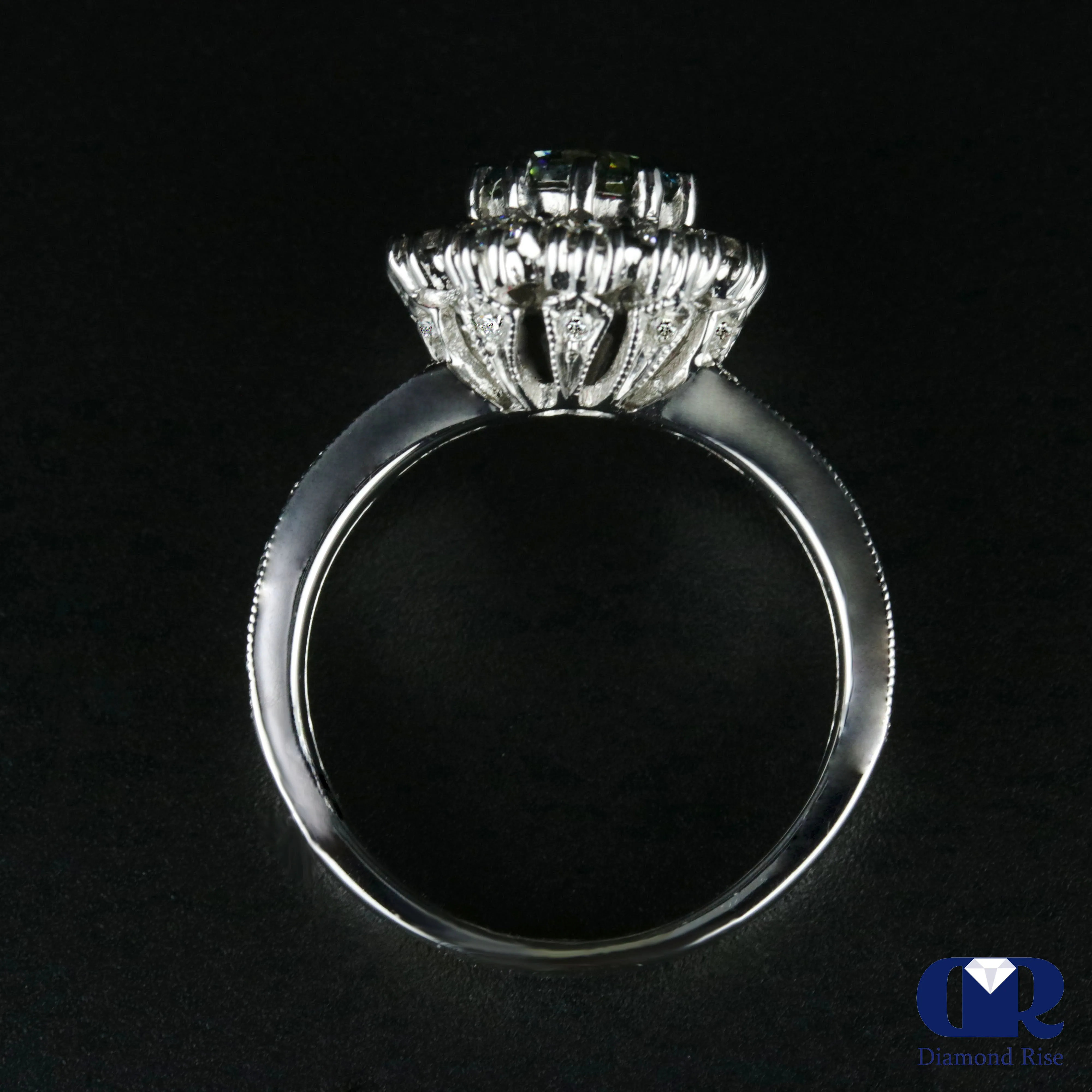 2.34 Carat Round Cut Blue Diamond Halo Engagement Ring In 14K White Gold