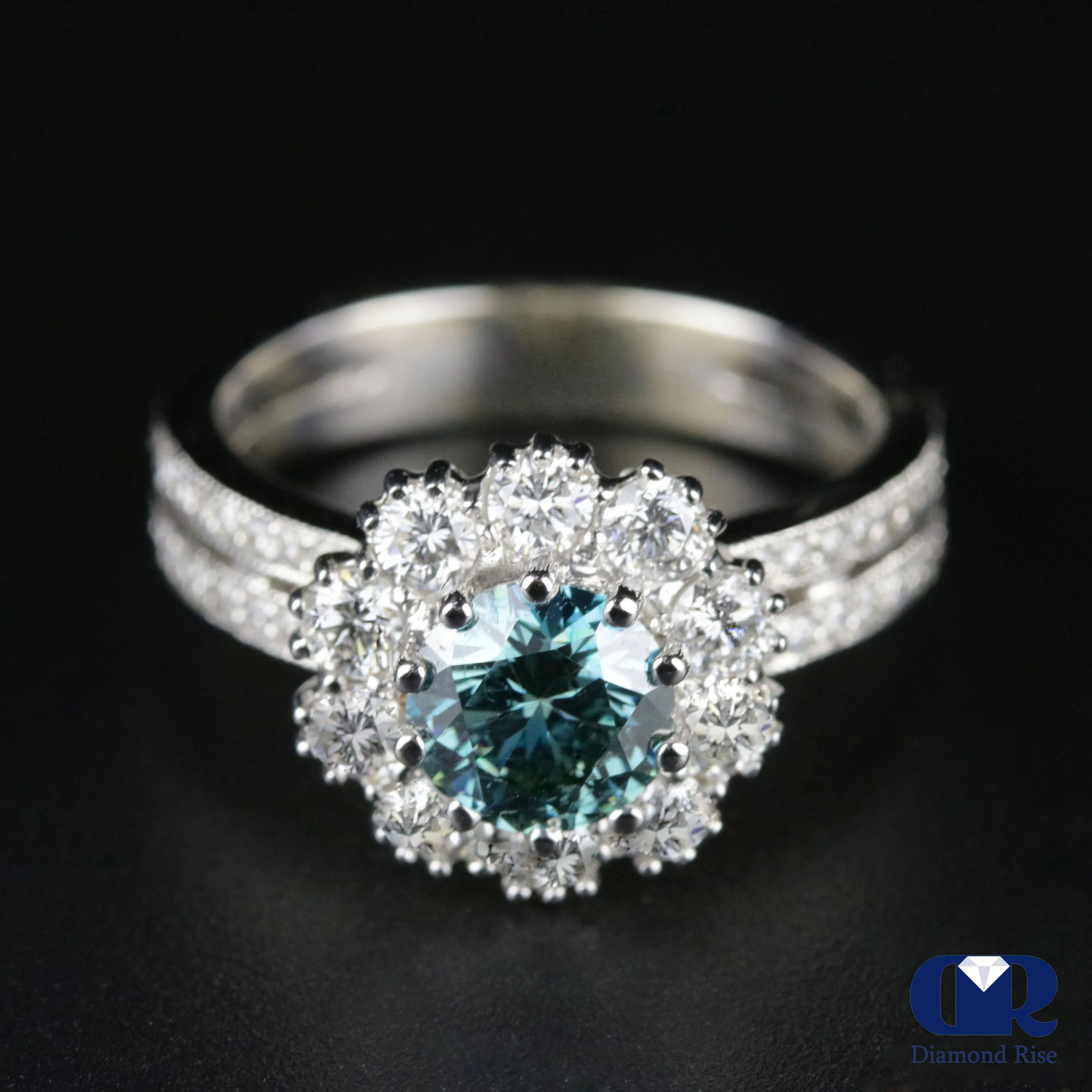 2.34 Carat Round Cut Blue Diamond Halo Engagement Ring In 14K White Gold