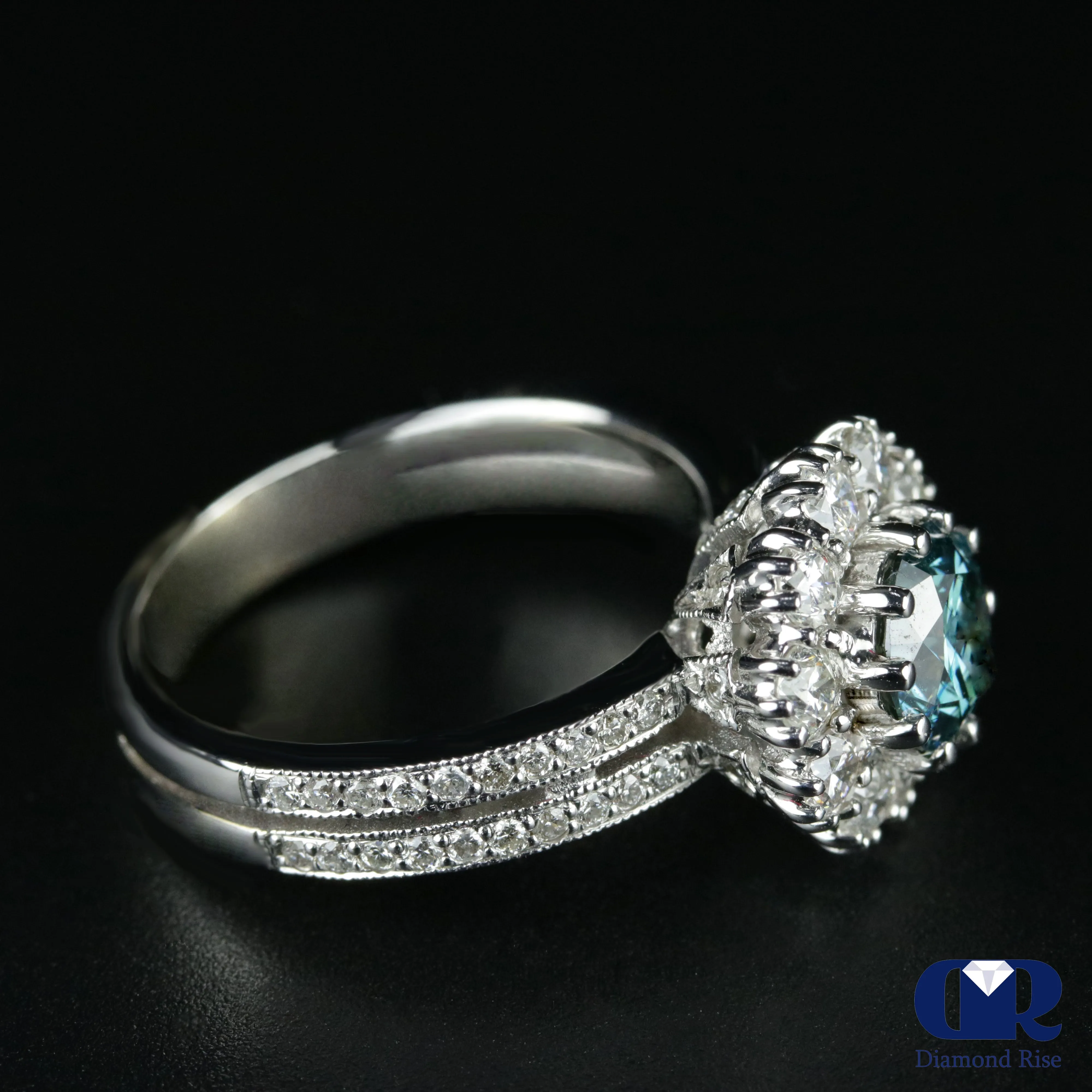 2.34 Carat Round Cut Blue Diamond Halo Engagement Ring In 14K White Gold