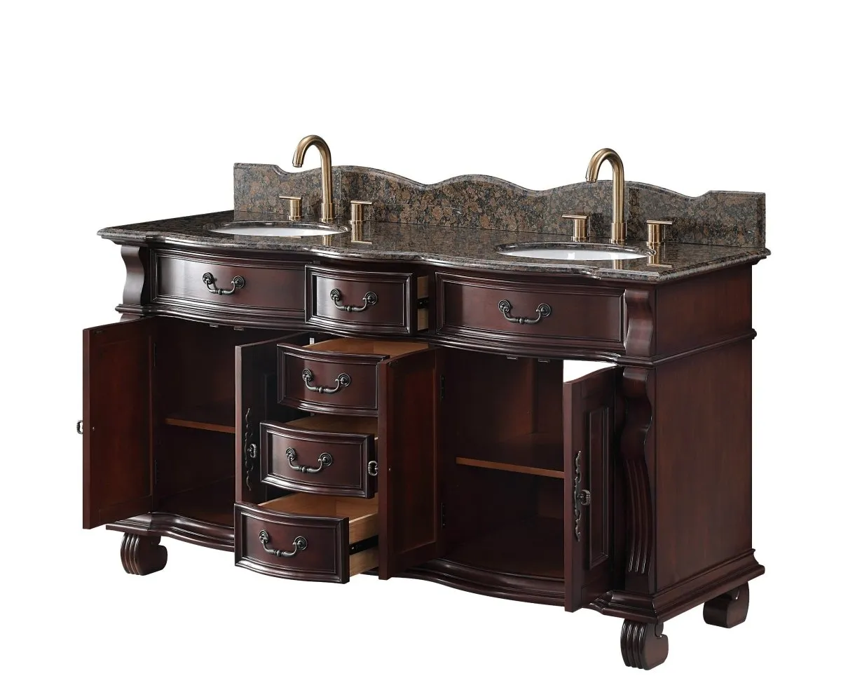 64" Traditional Style Cherry Wood Hopkinton Double Sink Bathroom Vanity GD-4438W-64