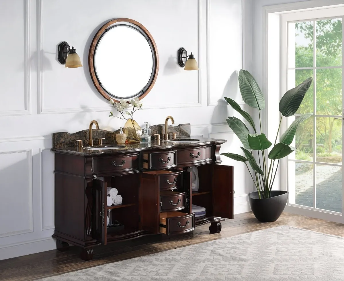 64" Traditional Style Cherry Wood Hopkinton Double Sink Bathroom Vanity GD-4438W-64