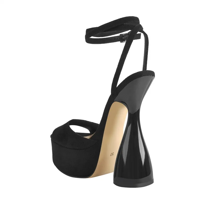 Black Flock Platform Ankle Strap Sandals