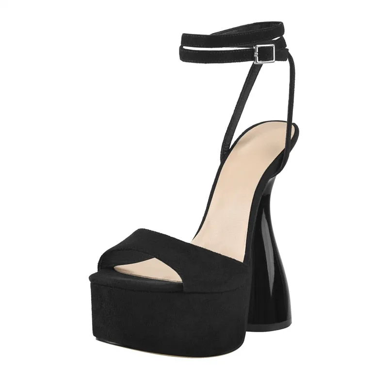 Black Flock Platform Ankle Strap Sandals