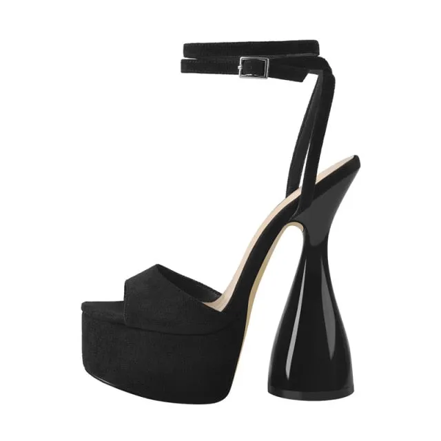 Black Flock Platform Ankle Strap Sandals