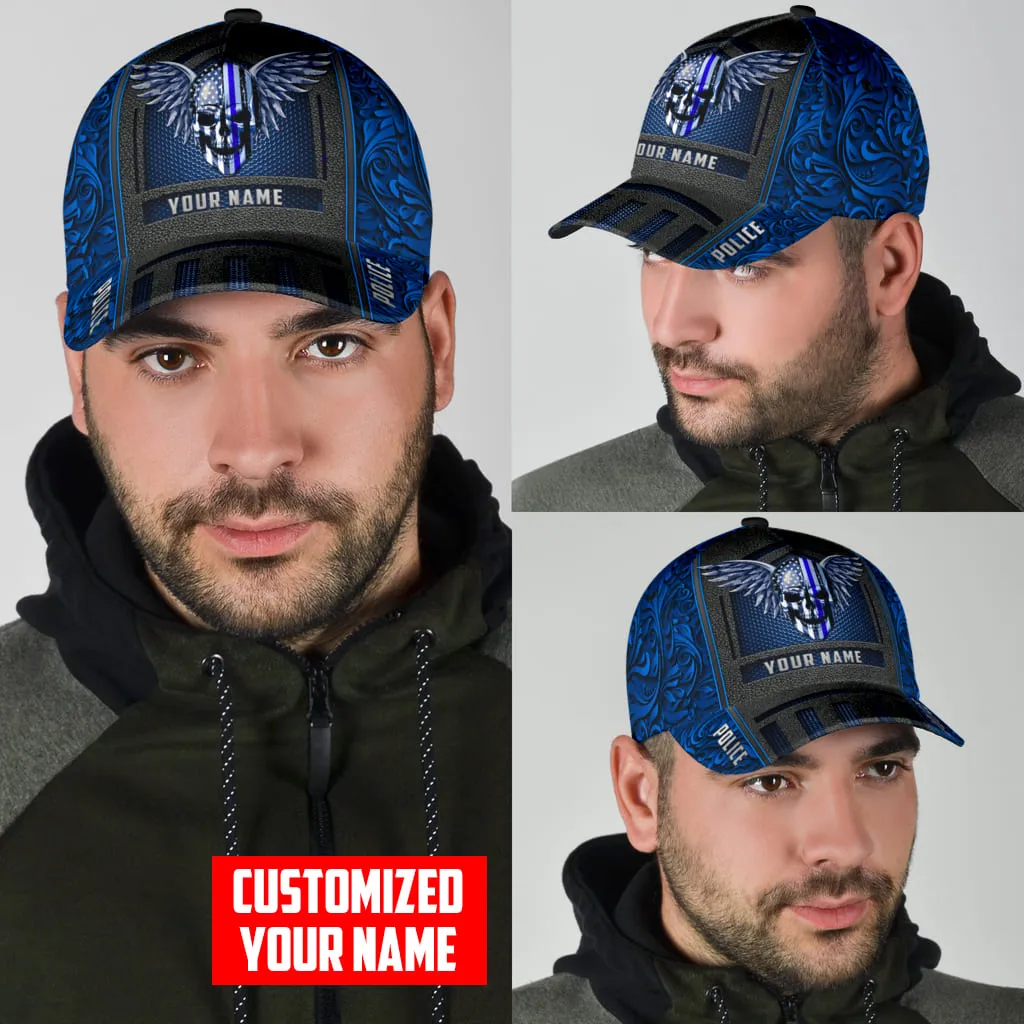 Customized Name Police Skull Classic Cap Blue Skull Baseball Cap Hat