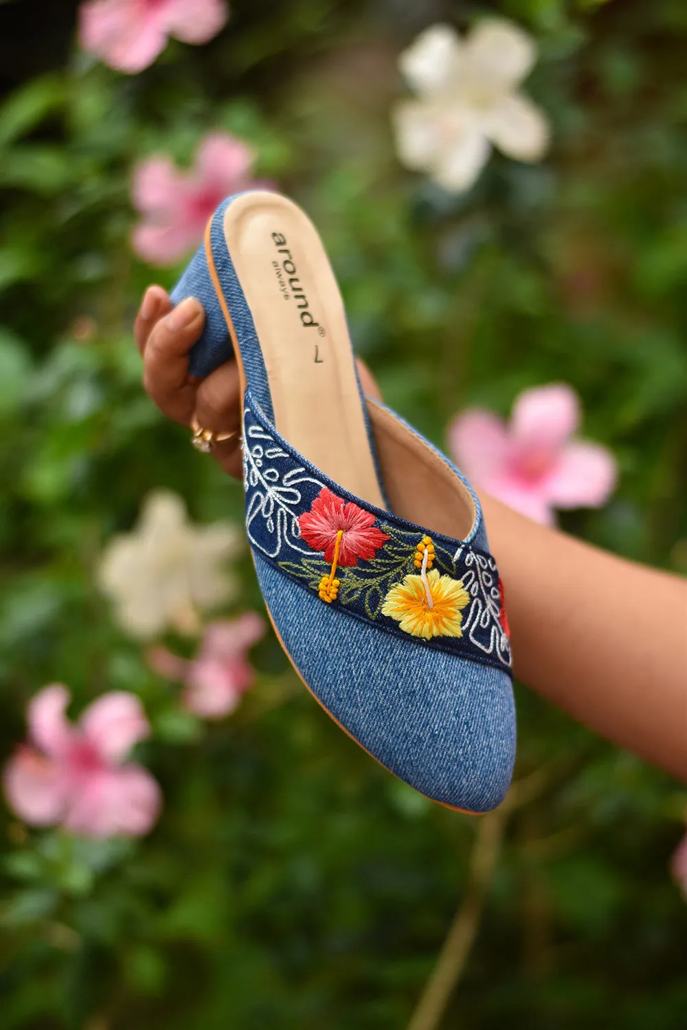 Denim Blue & White Slip-On Heels