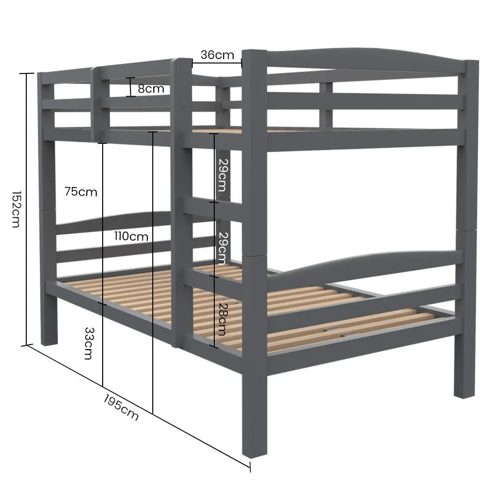 Kids Single Wooden Bunk Bed Frame - Grey Matt