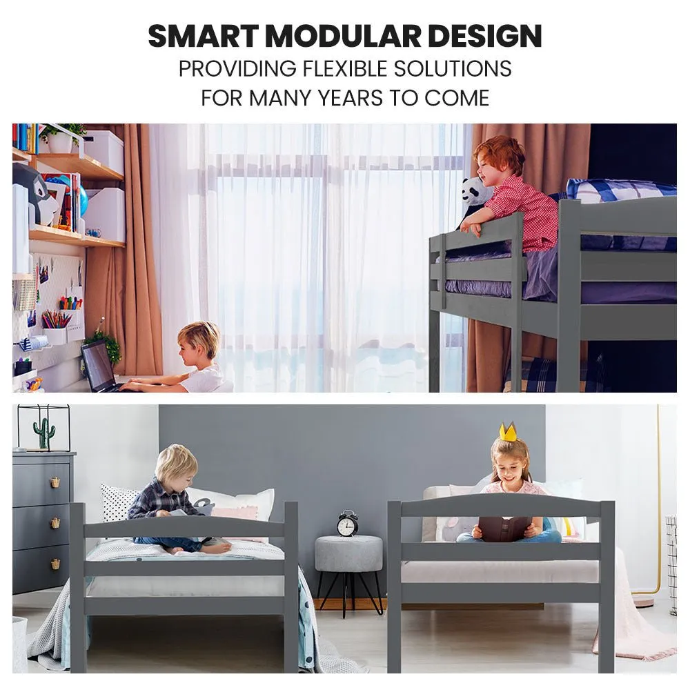 Kids Single Wooden Bunk Bed Frame - Grey Matt