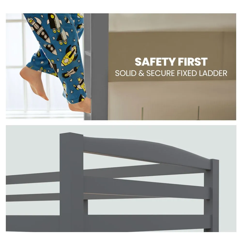 Kids Single Wooden Bunk Bed Frame - Grey Matt