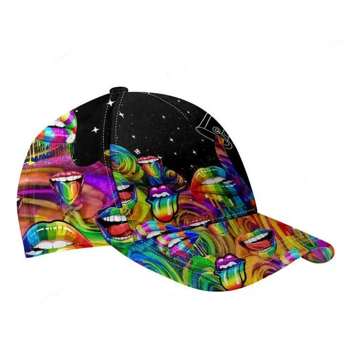 Lgbt Lips And Flowers Classic Cap, Rainbow 3D All Over Printed Baseball Cap For Pride Month, Gaymer Cap