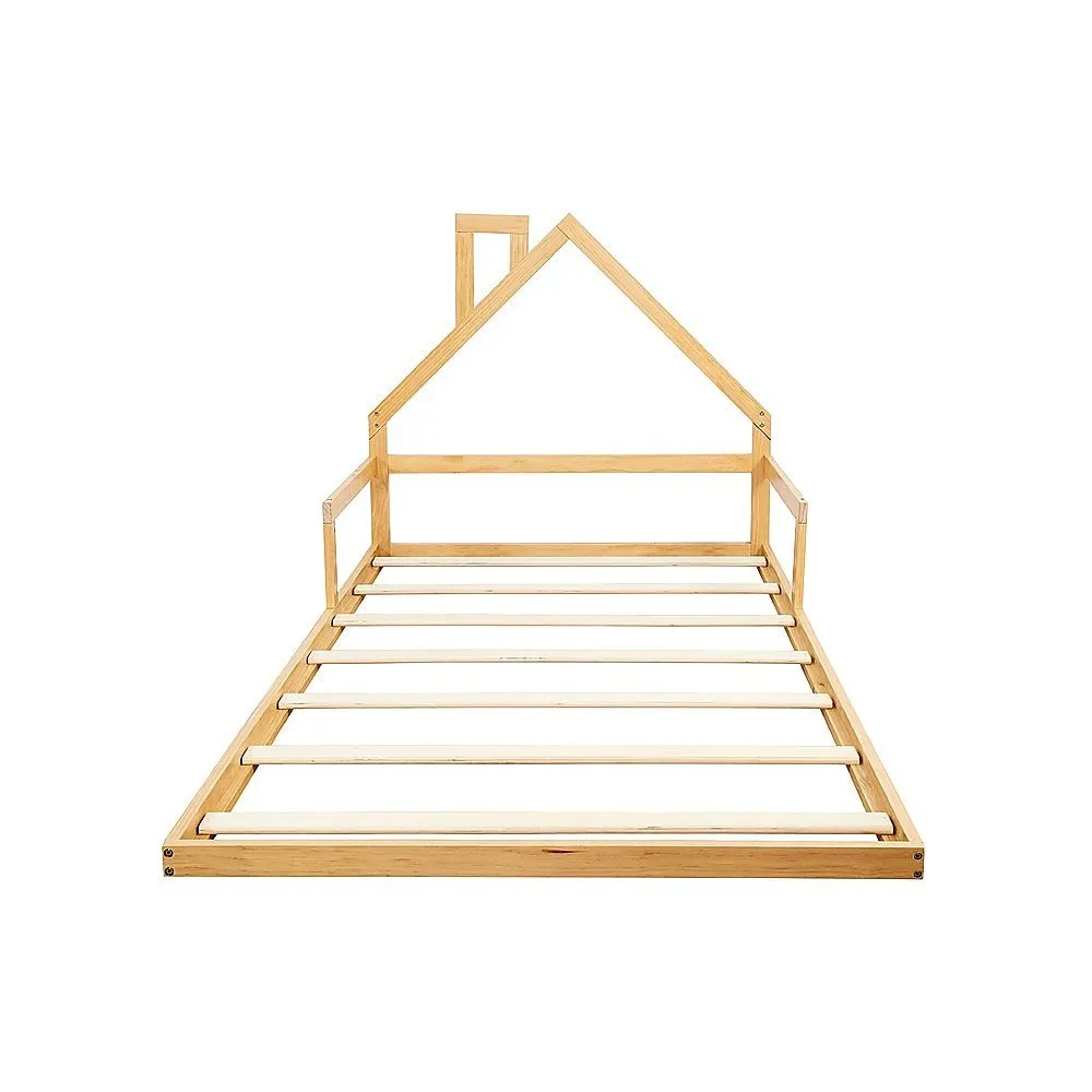 Pine Wood House Shaped King Single Floor Bed Natural
