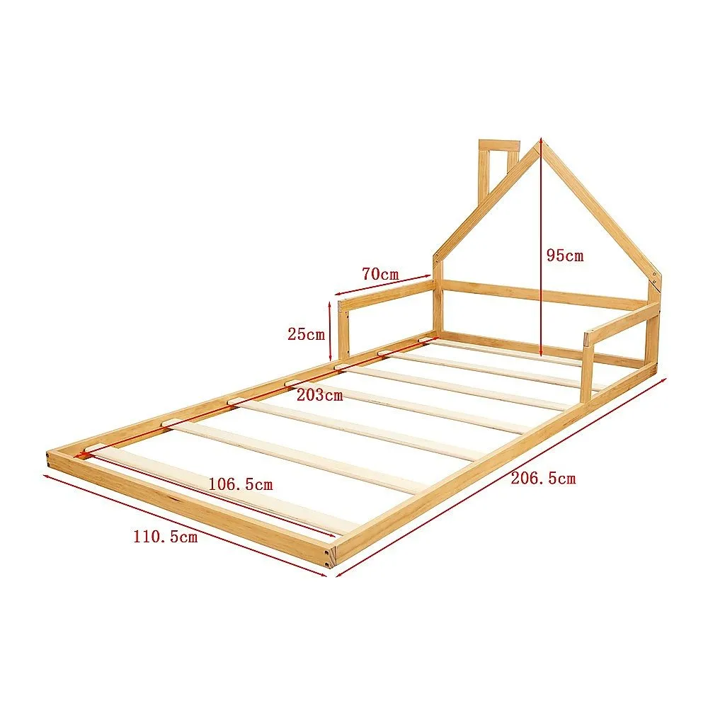 Pine Wood House Shaped King Single Floor Bed Natural