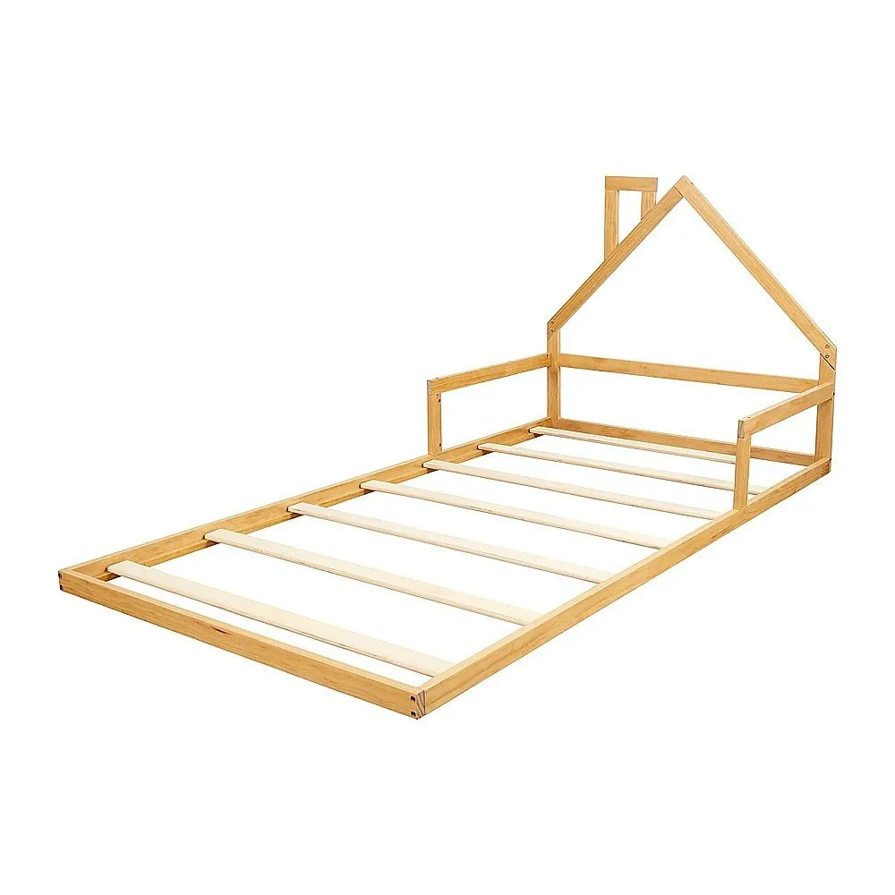 Pine Wood House Shaped King Single Floor Bed Natural