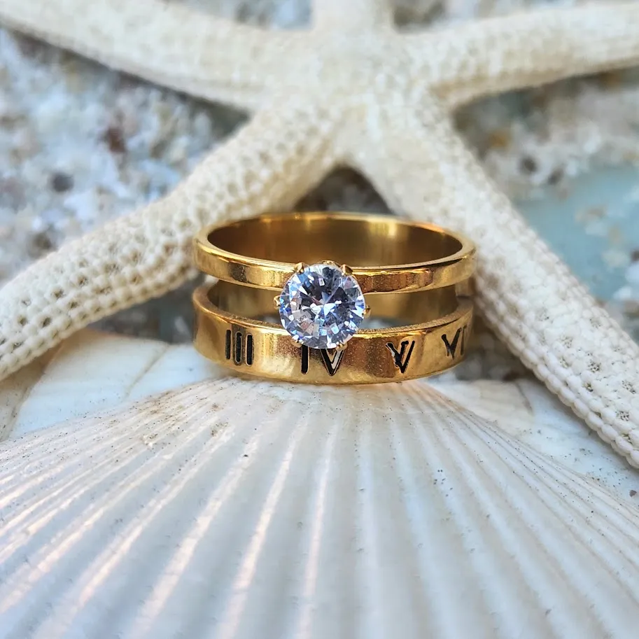 ROMAN NUMERALS - CZ WATERPROOF DOUBLE GOLD RING