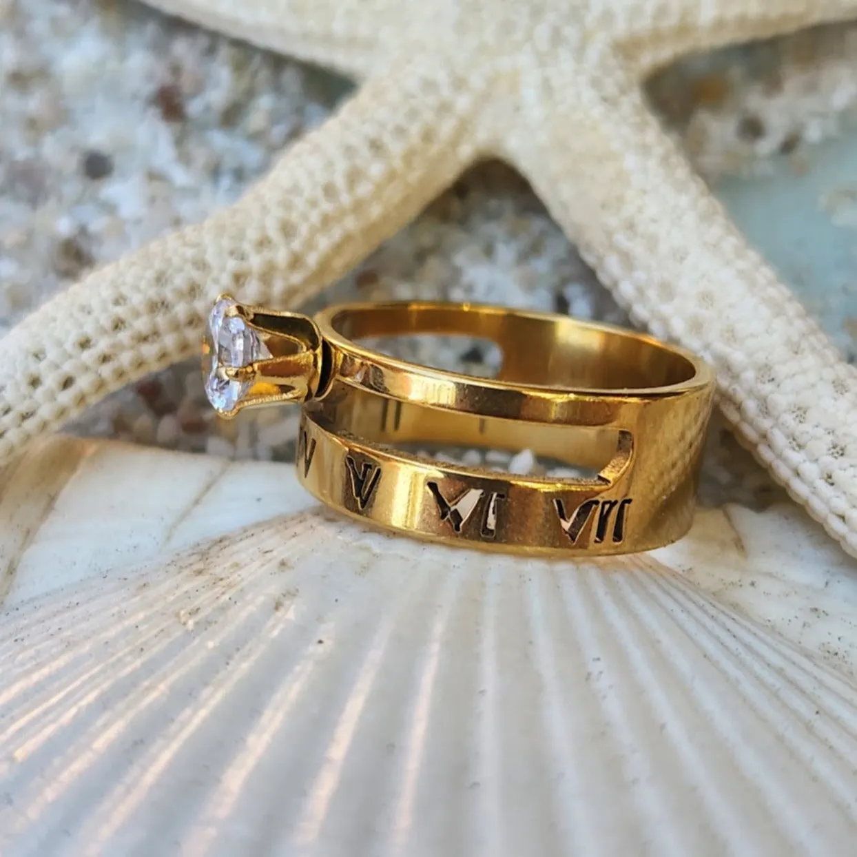 ROMAN NUMERALS - CZ WATERPROOF DOUBLE GOLD RING