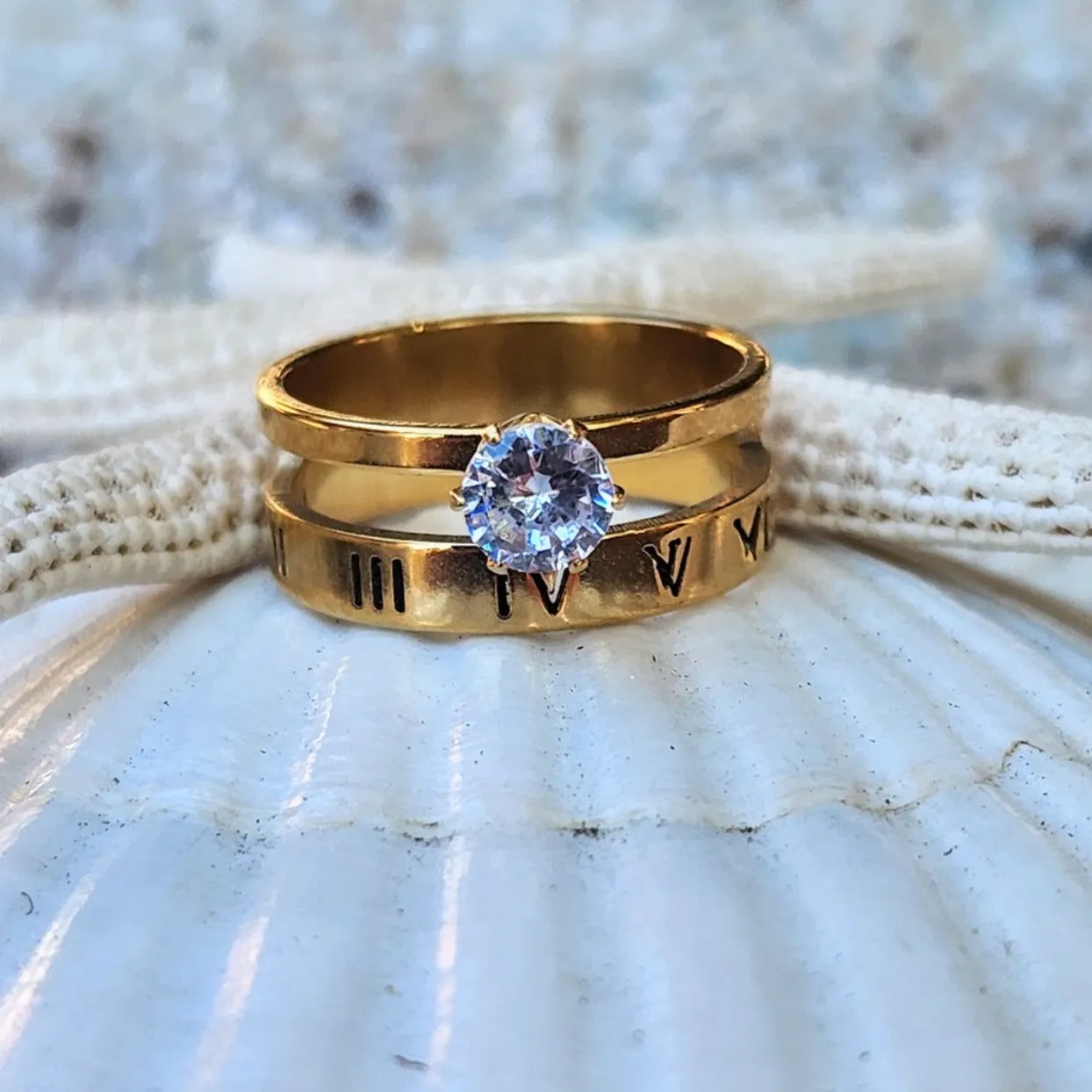 ROMAN NUMERALS - CZ WATERPROOF DOUBLE GOLD RING