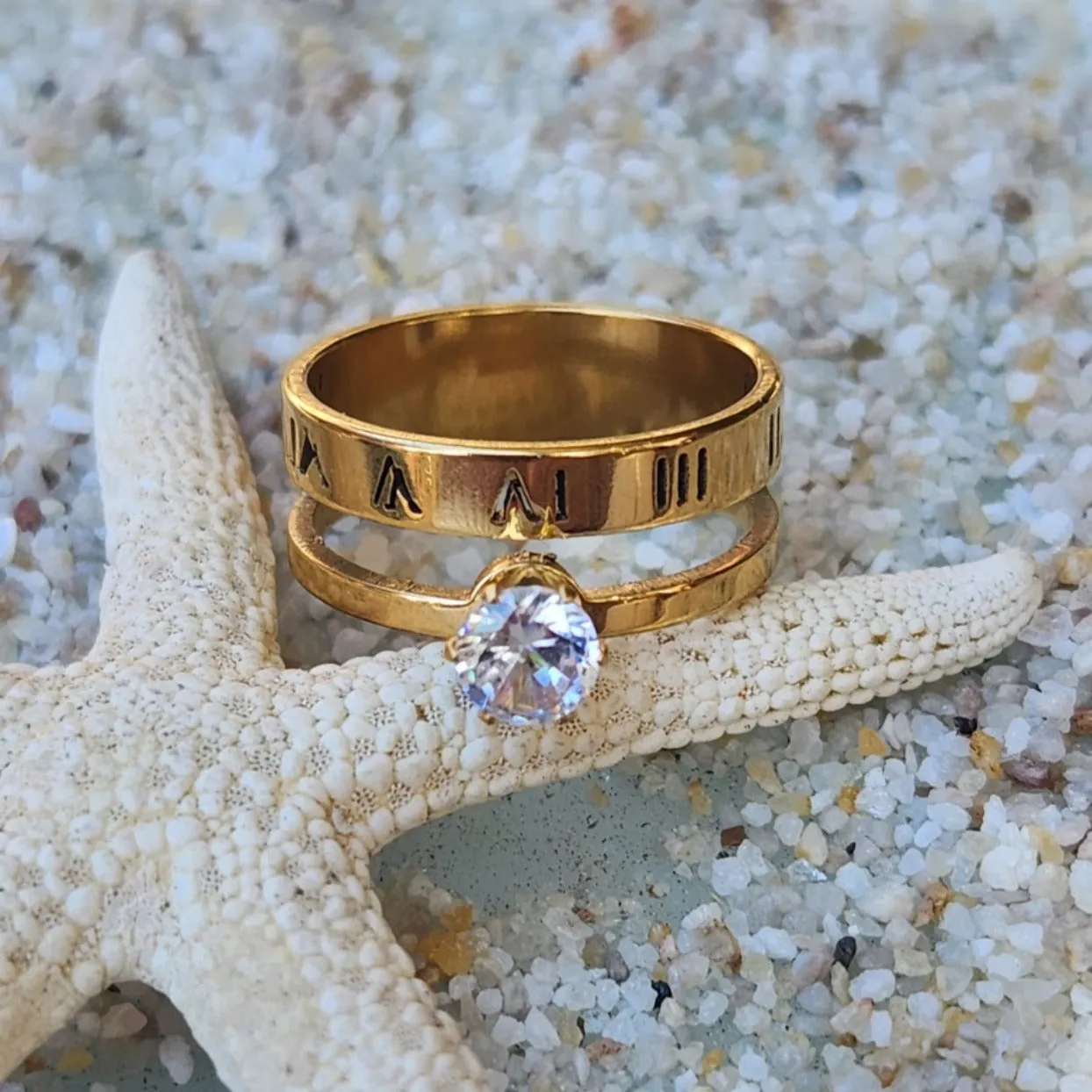 ROMAN NUMERALS - CZ WATERPROOF DOUBLE GOLD RING